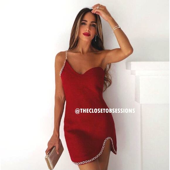 β€οΈβπ₯ ZARA Textured Mini Dress NWT | Asym Neckline Chain Strap Red S/M - Picture 11 of 16